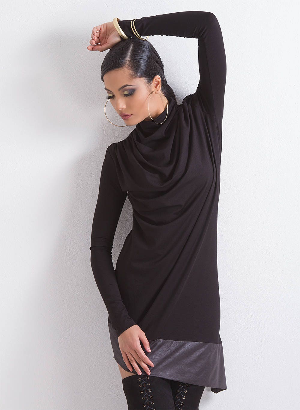 Faux Leather Tunic, Black Woman Tunic, Long Sleeve Tunic, Asymmetrical Tunic, Turtleneck Tunic, Sexy Black Tunic