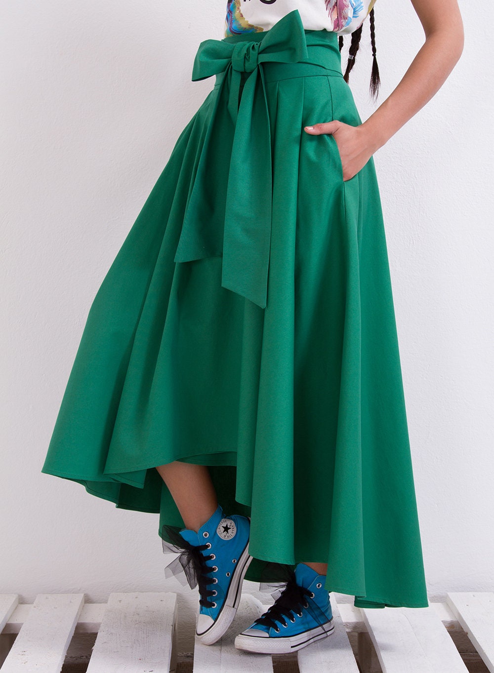 Oversized Maxi Skirt, High Waisted Midi Skirt, Loose Skirt, Asymmetric Skirt with Tie Belt