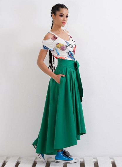 Oversized Maxi Skirt, High Waisted Midi Skirt, Loose Skirt, Asymmetric Skirt with Tie Belt