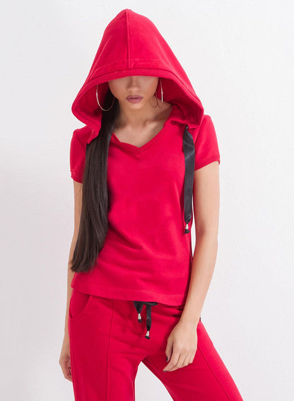 Hooded Tee & Loose Jogger Pants Set, Sports Clothing set, Woman Gym Casual Set in Red by Friends Fashion