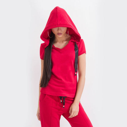 Red Hoodie/ Hoodie Top/ Woman Hoodie/ Red Tshirt/ Woman Blouse/ Short Sleeve Top/ V Neck Top/ Casual Hoodie/ Everyday Top/ Friends Fashion