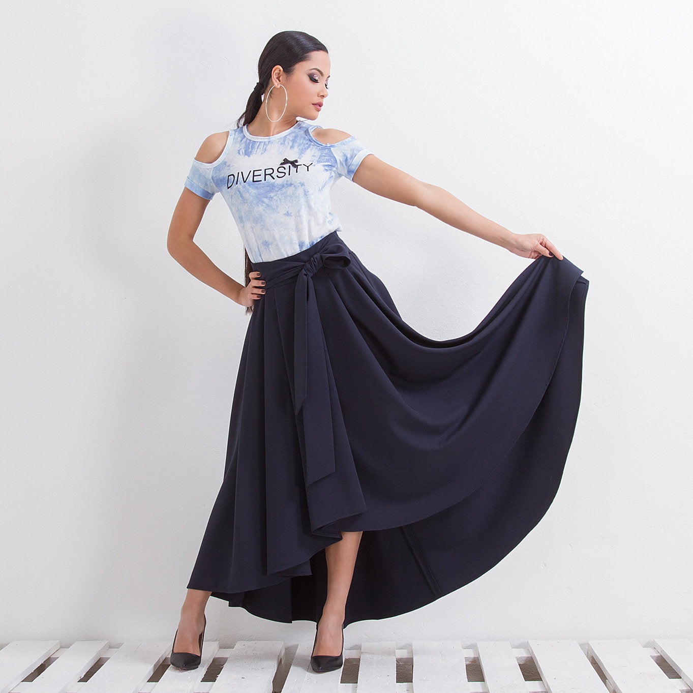 Loose Asymmetrical Skirt, Navy Blue Skirt, Extravagant Maxi Skirt