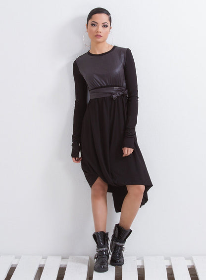 Asymmetrical Party Dress/ Black Long Sleeve Dress/ Plus Size Clothing