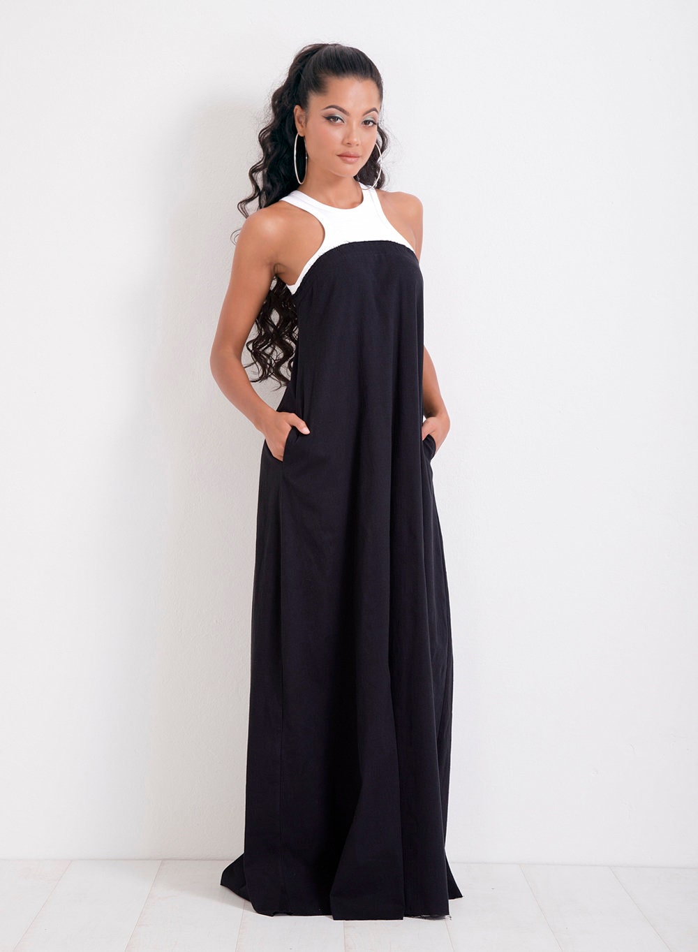 Long Summer Dress, Maxi Black Withe Dress, Sleeveless Casual Dress, Loose Dress