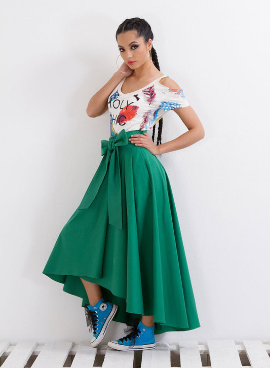 Oversized Maxi Skirt, High Waisted Midi Skirt, Loose Skirt, Asymmetric Skirt with Tie Belt