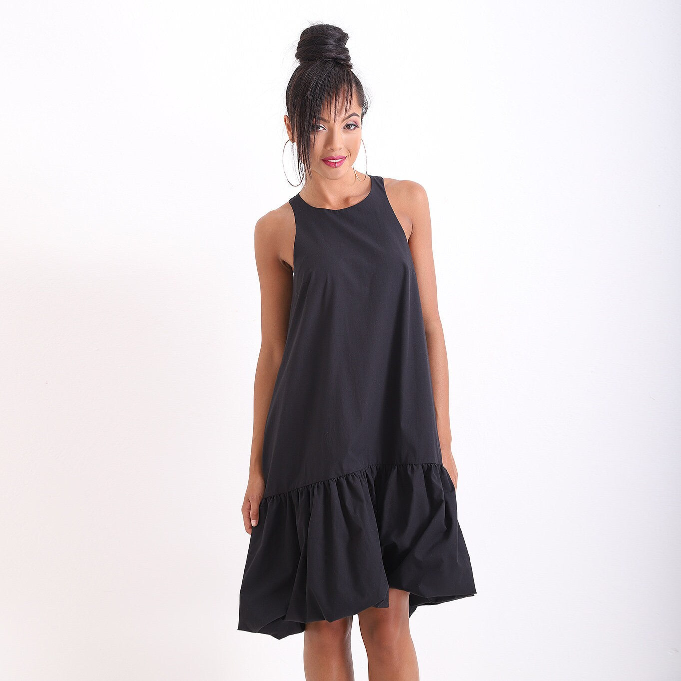 Little Black Linen Dress, Summer Loose Dress, Party Midi Off Shoulder Dress, Casual Asymmetrical Dress