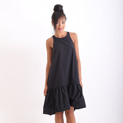 Little Black Linen Dress, Summer Loose Dress, Party Midi Off Shoulder Dress, Casual Asymmetrical Dress
