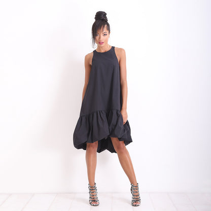 Little Black Linen Dress, Summer Loose Dress, Party Midi Off Shoulder Dress, Casual Asymmetrical Dress
