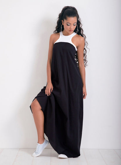 Long Summer Dress, Maxi Black Withe Dress, Sleeveless Casual Dress, Loose Dress