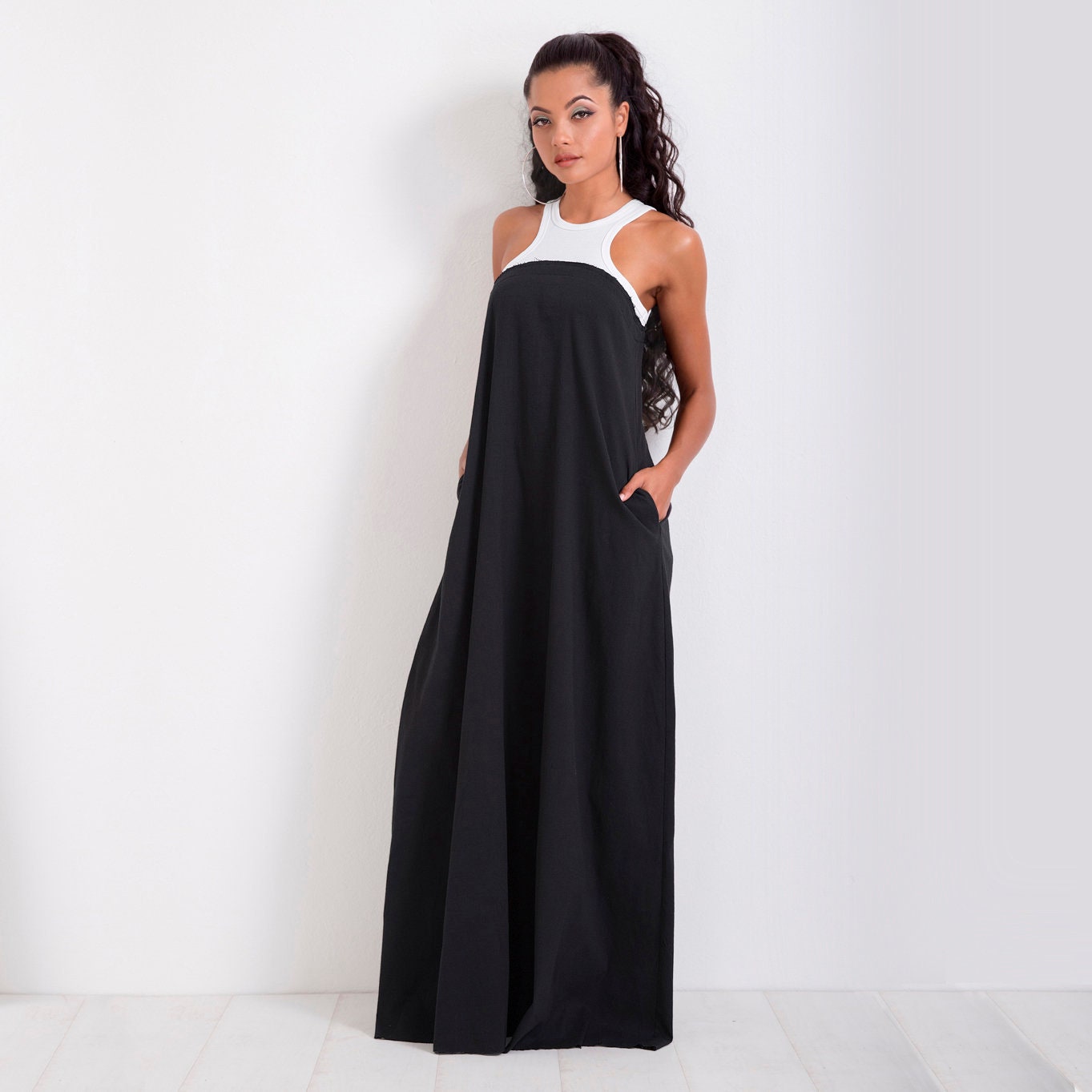 Long Summer Dress, Maxi Black Withe Dress, Sleeveless Casual Dress, Loose Dress