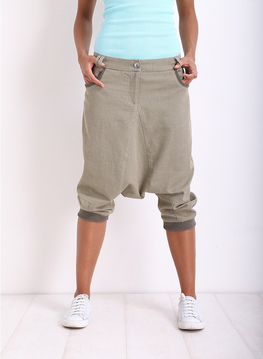 Drop Crotch Pants, Linen Harem Pants, Baggy Pants, Aladdin Pants, Summer Pants With Pockets by Friends Fashion