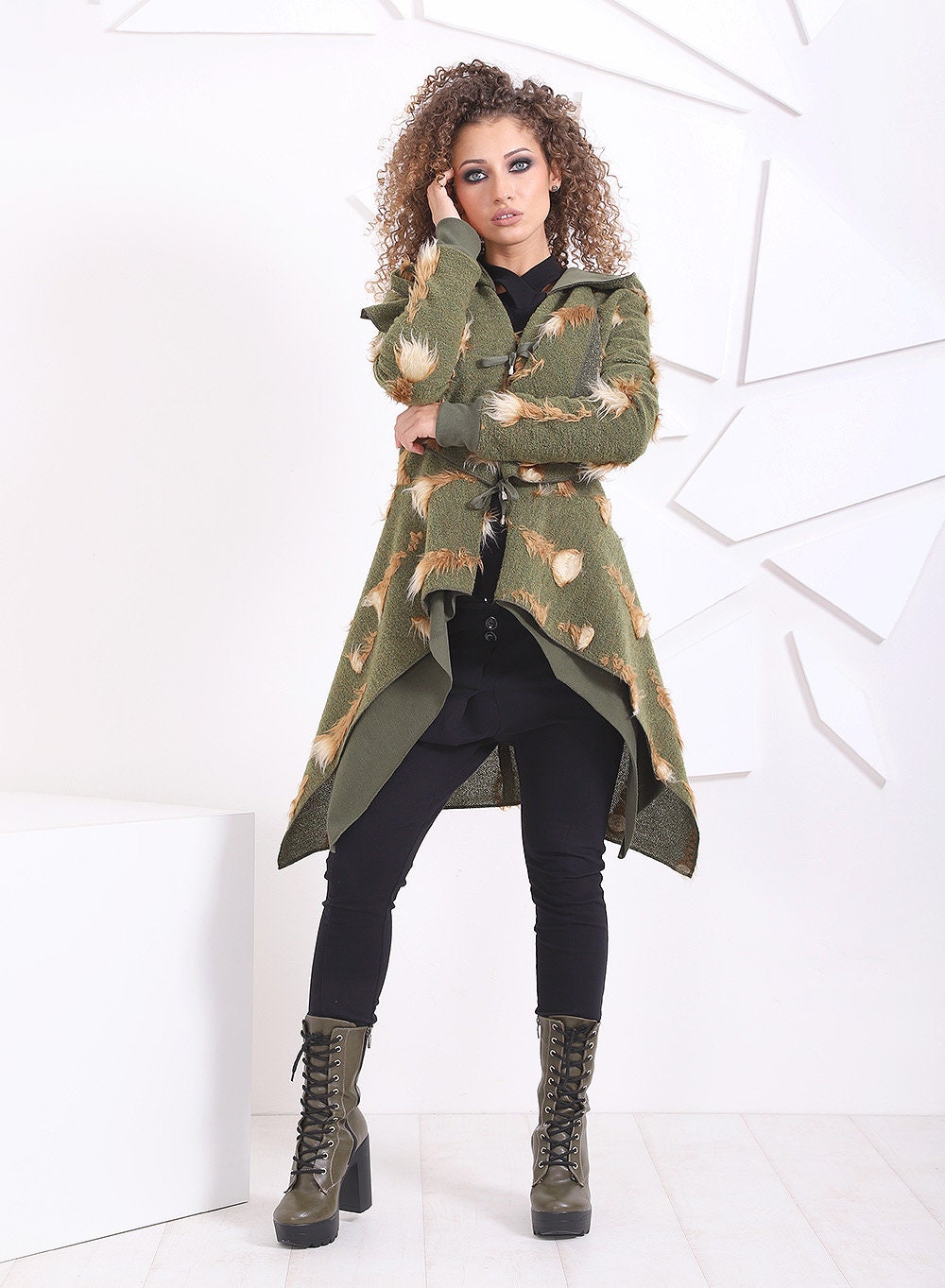 Hooded Wool Green Coat/ Extravagant Coat/ Warm Casual Coat/ Asymmetrical Coat/ Woman Jacket/ Long Sleeve Jacket/ Wool Jacket/ FriendsFashion