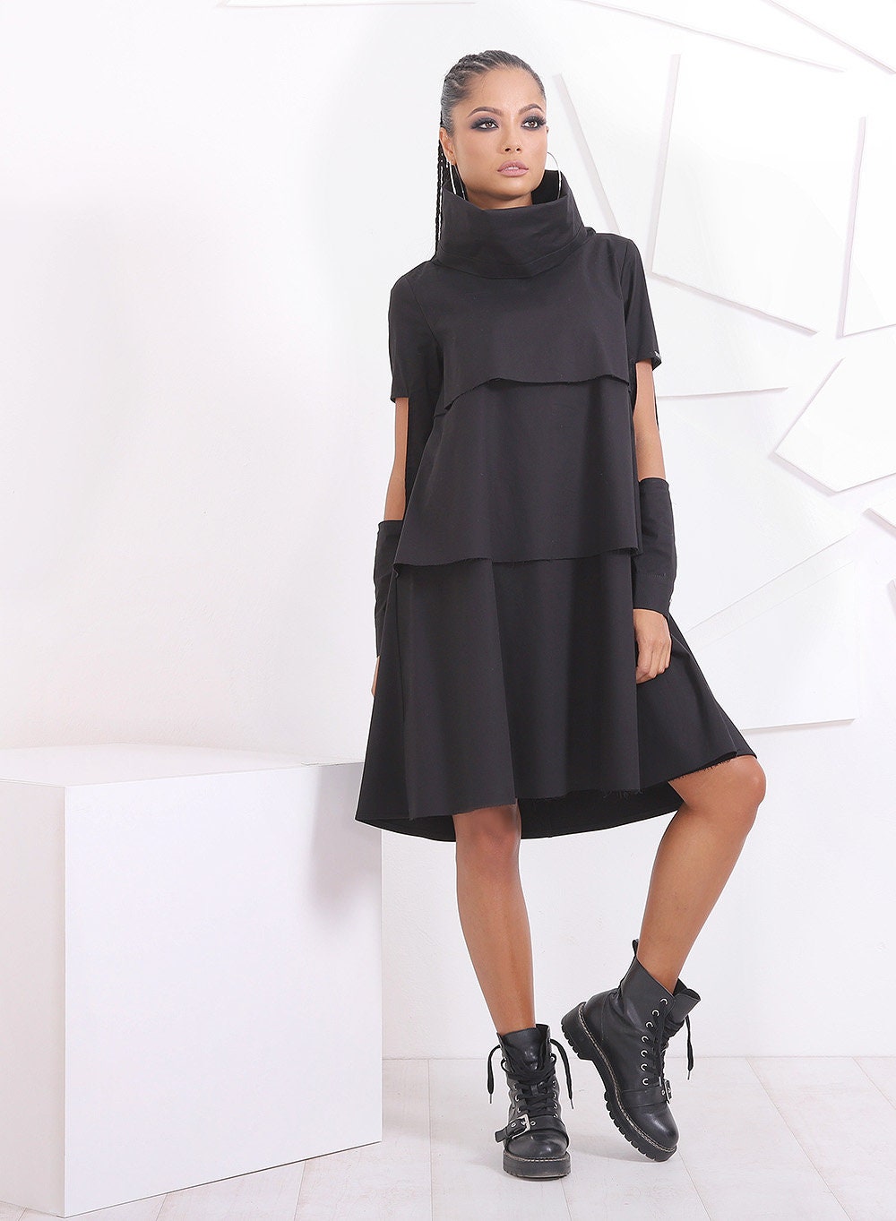 Extravagant Dress/ Black Casual Dress/ Midi Dress