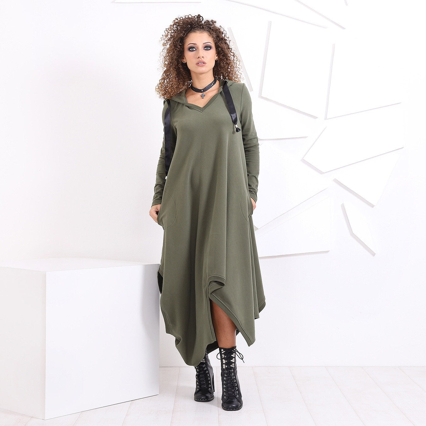 Hooded Loose Dress, Maxi Oversized Dress, Asymmetric  Kaftan Dress, Goth Utility Dress