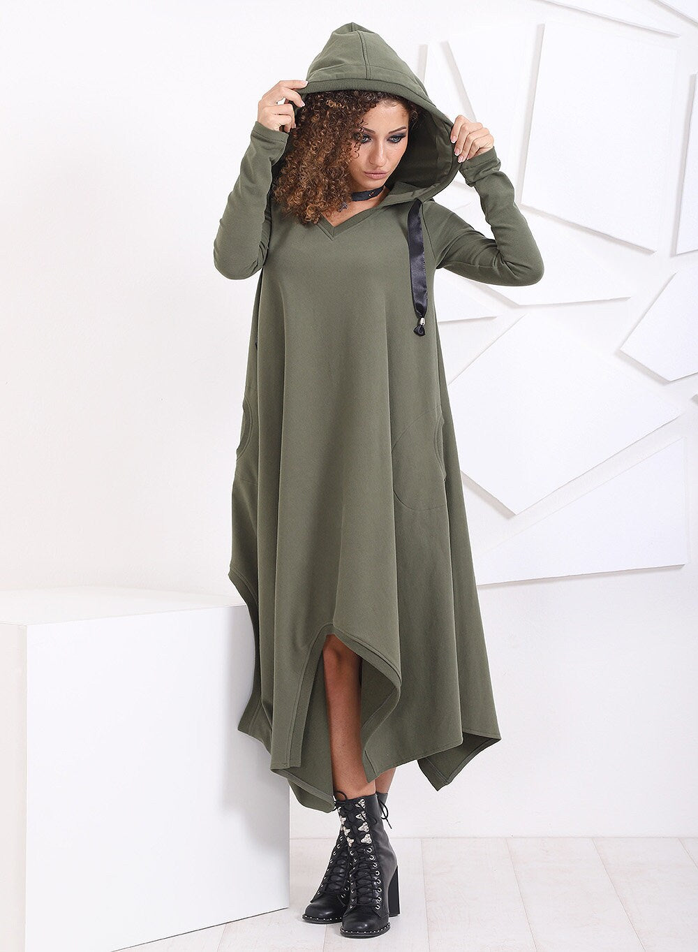 Hooded Loose Dress, Maxi Oversized Dress, Asymmetric  Kaftan Dress, Goth Utility Dress