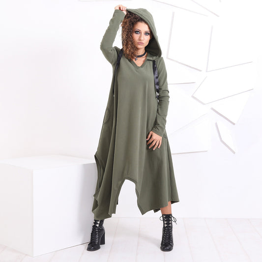 Hooded Loose Dress, Maxi Oversized Dress, Asymmetric  Kaftan Dress, Goth Utility Dress