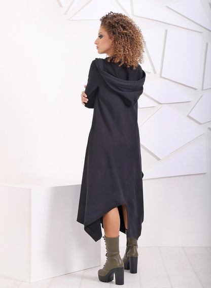 Black Hooded Dress, Oversized Tunic Dress, Cape Witch Gothic Grunge Outerwear, Long Asymmetrical Dress With Pockets