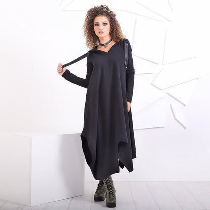 Black Hooded Dress, Oversized Tunic Dress, Cape Witch Gothic Grunge Outerwear, Long Asymmetrical Dress With Pockets