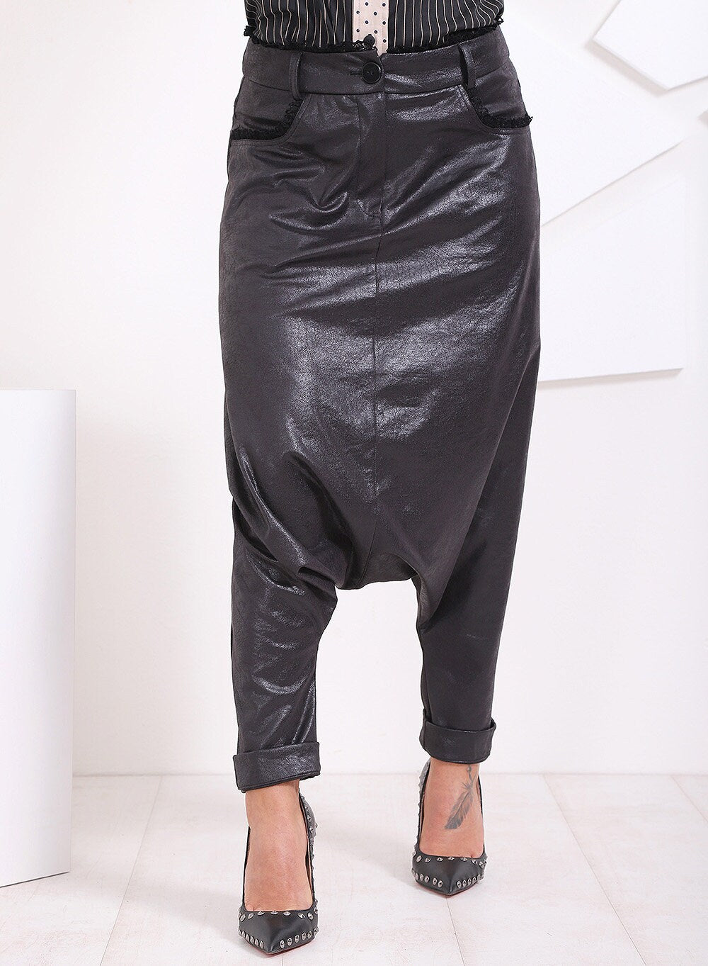 Faux Leather Pants/ Baggy Pants/ Harem Pants/ Plus SIze Pants/ Maxi Loose Pants/ Extravagant Trousers/ Drop Crotch Pants/ Friends Fashion