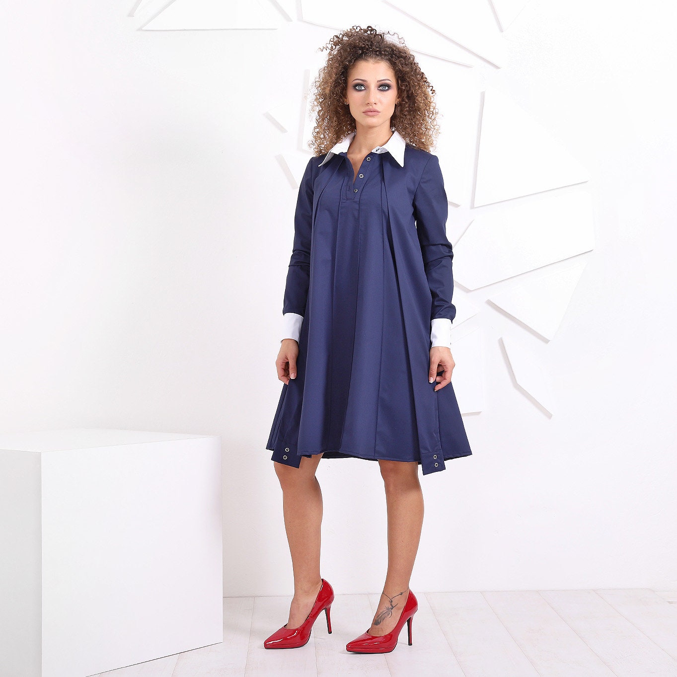 Woman Shirt Dress, Blue Woman Dress, Long Sleeve Dress, Party Dress, Office Dress