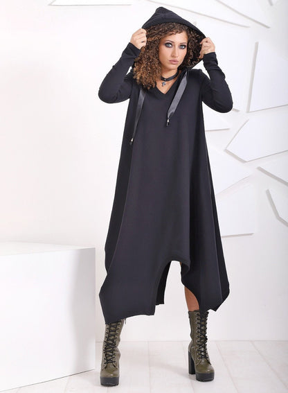 Black Hooded Dress, Oversized Tunic Dress, Cape Witch Gothic Grunge Outerwear, Long Asymmetrical Dress With Pockets