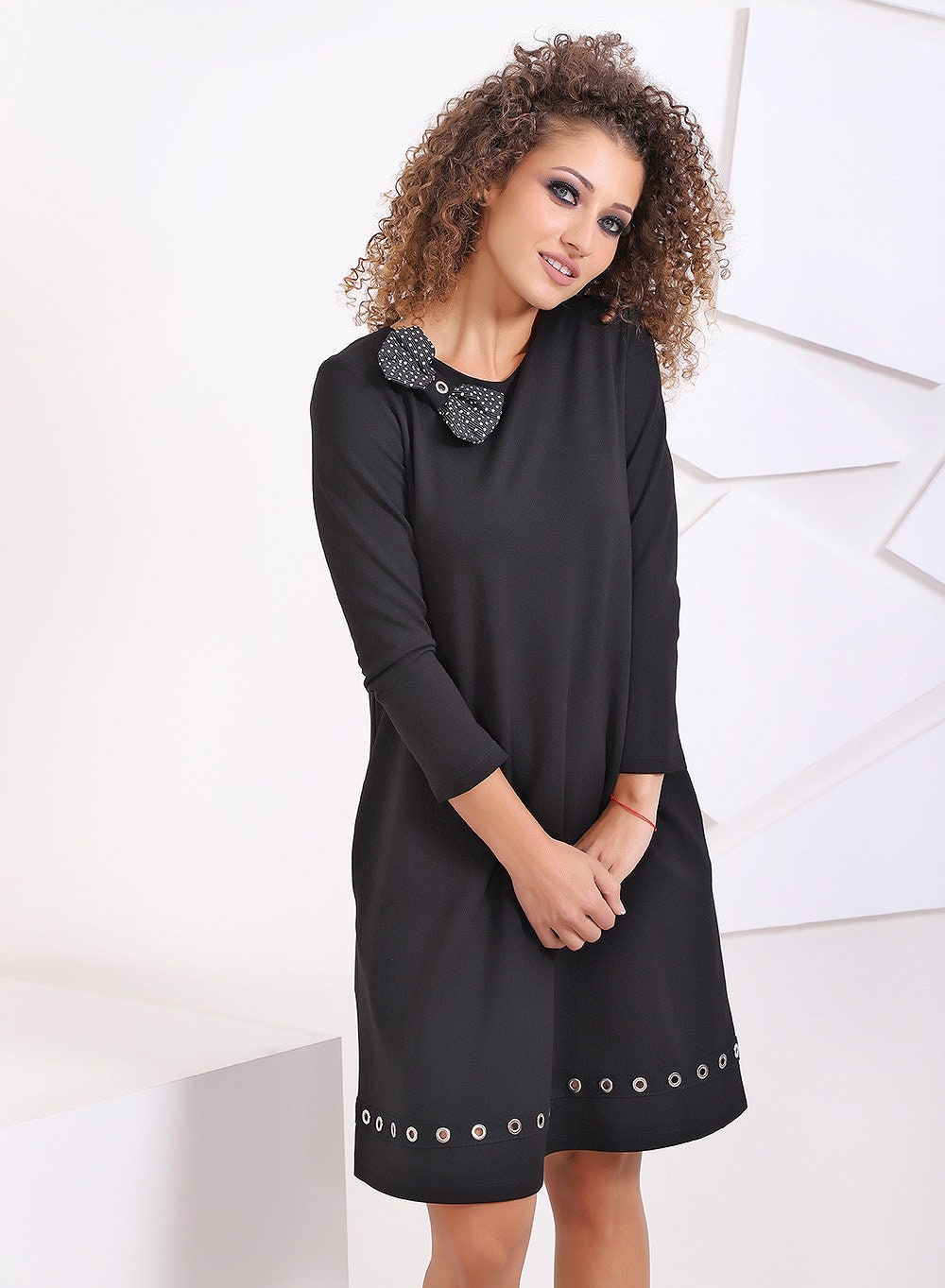 Black Loose Dress With Pockets, Comfortable Formal Dress, Black Long Sleeve Dress