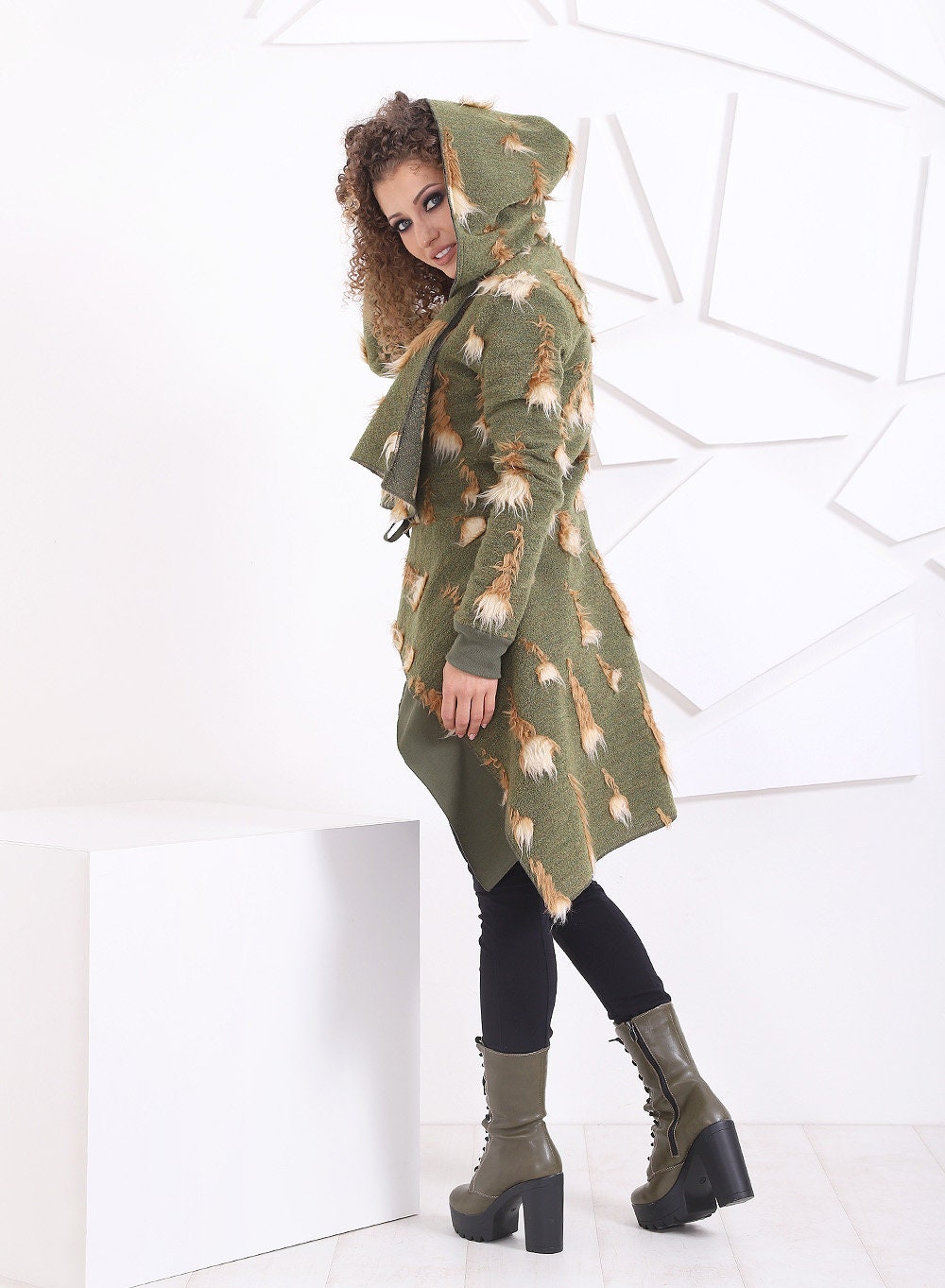 Hooded Wool Green Coat/ Extravagant Coat/ Warm Casual Coat/ Asymmetrical Coat/ Woman Jacket/ Long Sleeve Jacket/ Wool Jacket/ FriendsFashion