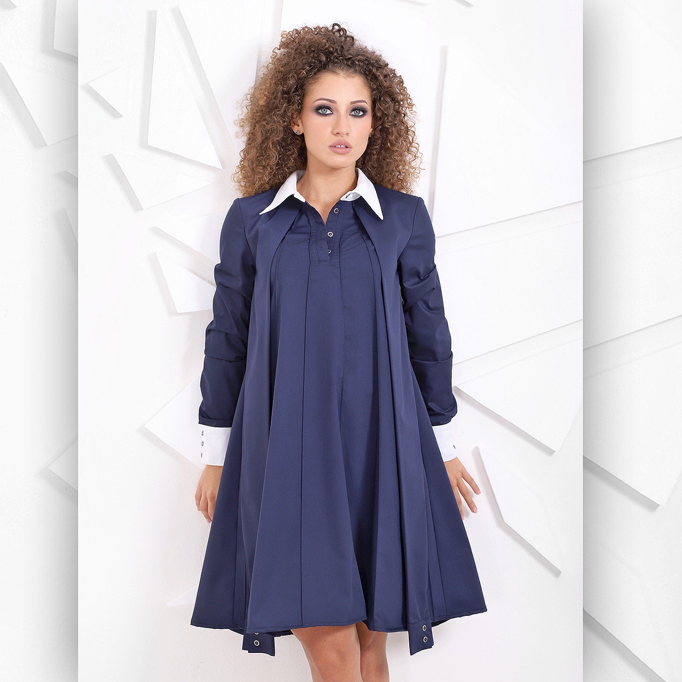 Woman Shirt Dress, Blue Woman Dress, Long Sleeve Dress, Party Dress, Office Dress