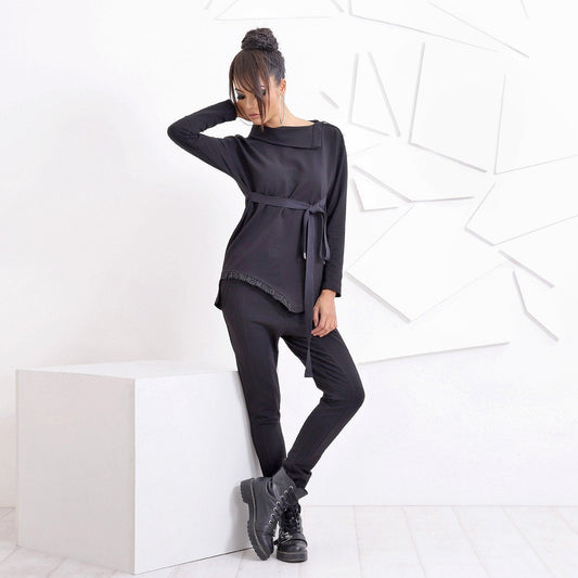 Asymmetric Top, Womens Clothing, Black Cotton Blouse