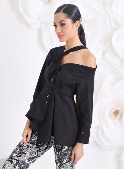 Off Shoulder Shirt, Black Button Down Shirt, Cotton Asymmetric Top