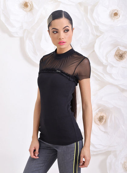 Black Mesh Tee, See Through T Shirt, Black Sheer Top, Short Sleeve Blouse, Cotton Top, Womens Clothing by Friends Fashion