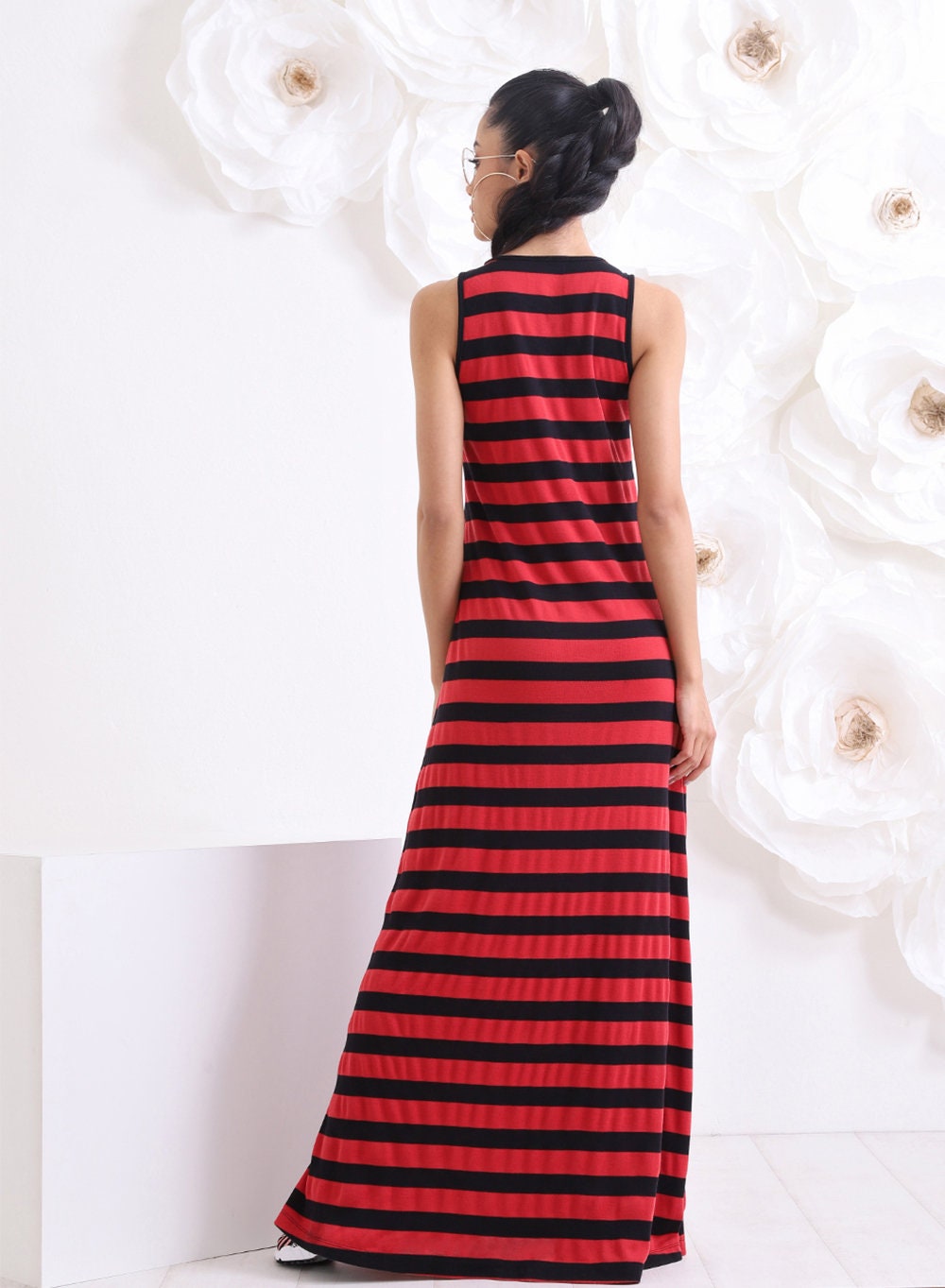 Black Red Striped Dress, Comfy Cotton Dress, Long Summer Dress, Women Beach Dress, Maxi Long Dress by Friends Fashion