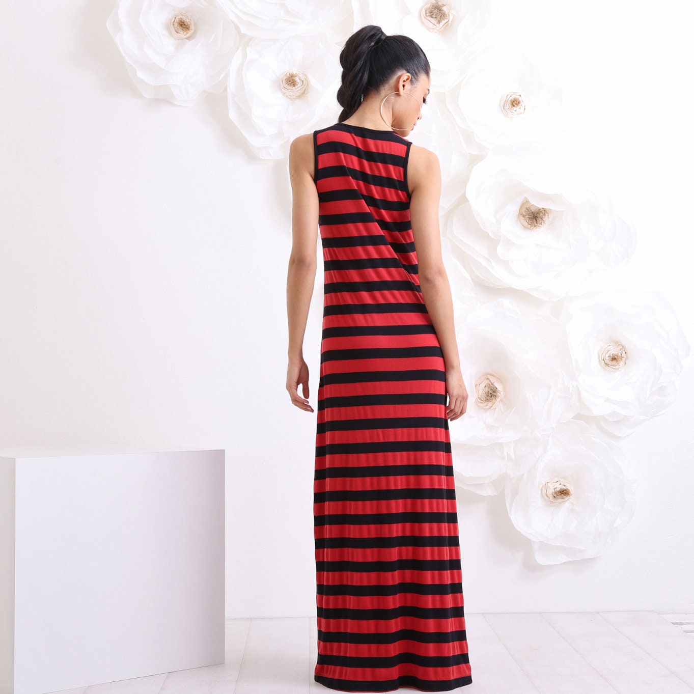 Black Red Striped Dress, Comfy Cotton Dress, Long Summer Dress, Women Beach Dress, Maxi Long Dress by Friends Fashion