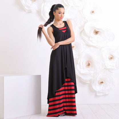 Two Piece Set, Two Dresses in One, Red & Black Striped Dress, Long Beach Summer Dress by Friends Fashion