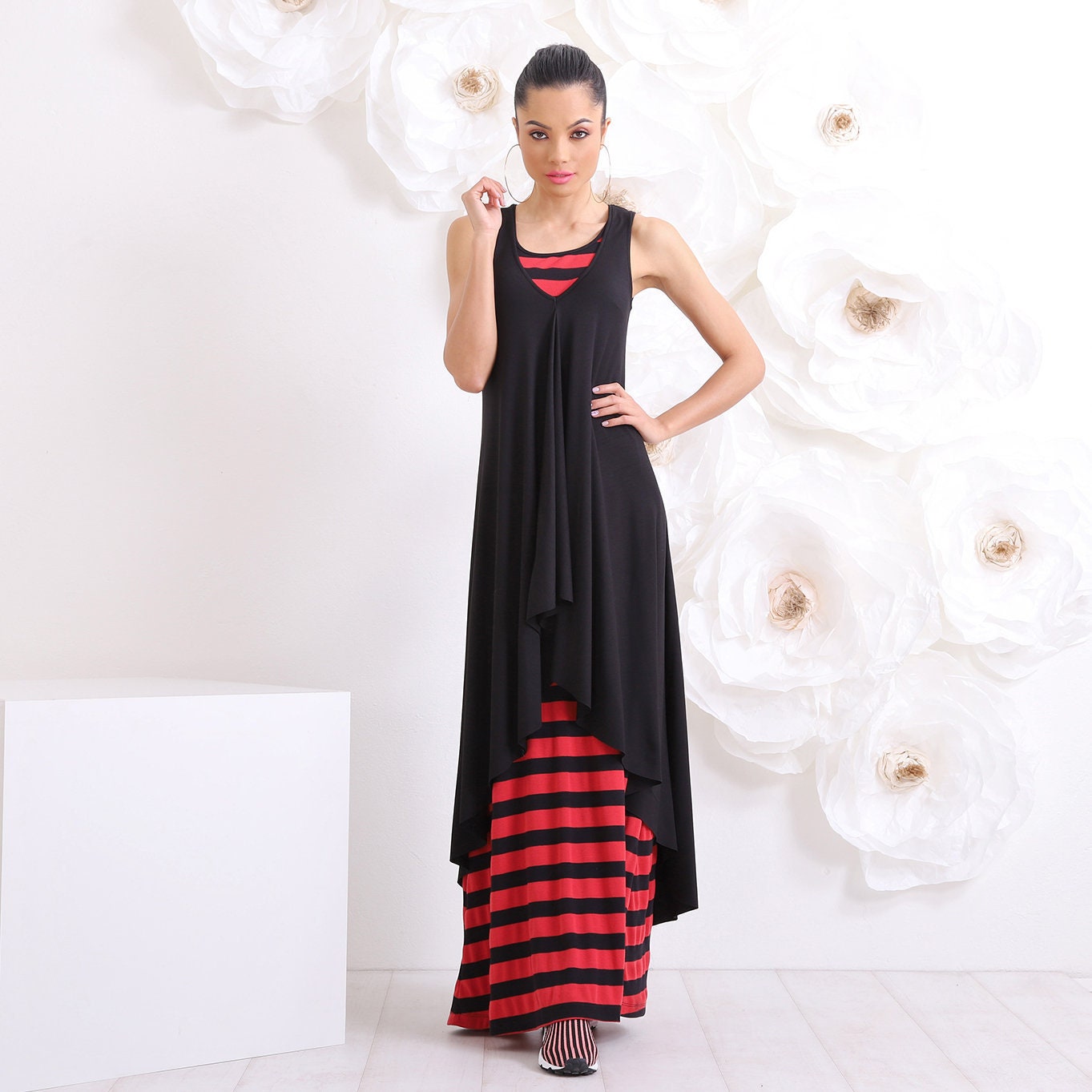 Two Piece Set, Two Dresses in One, Red & Black Striped Dress, Long Beach Summer Dress by Friends Fashion