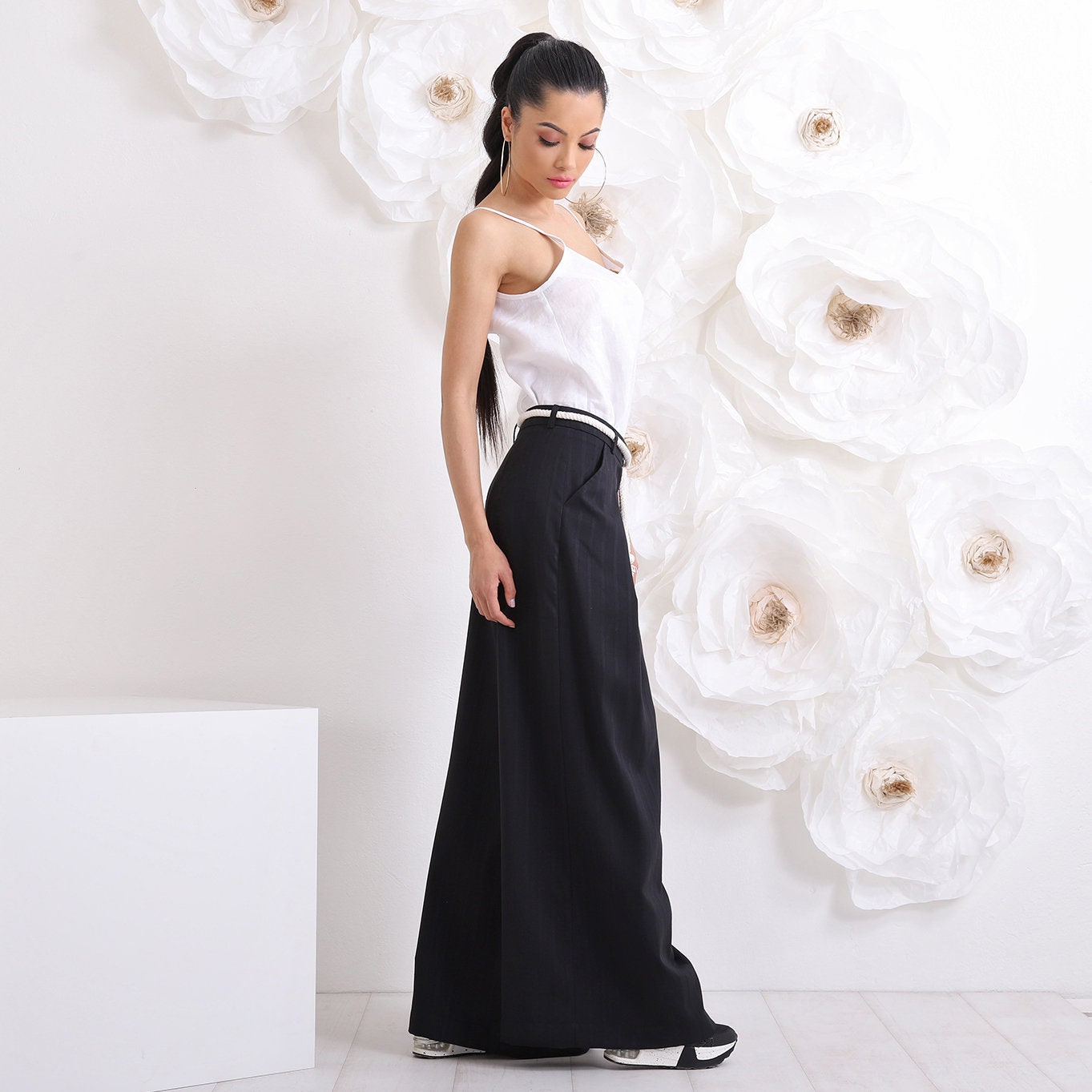 Linen Formal Office Pants, Spring / Summer Woman Flax Fashion, Wide Leg Loose Maxi Pants, Palazzo Trousers