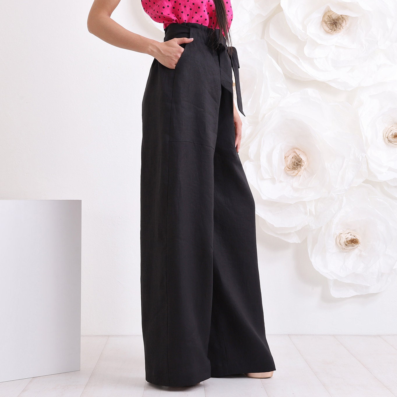 Black Linen Pants, Palazzo Pants, Pants & Top Set for Women, Linen Clothing