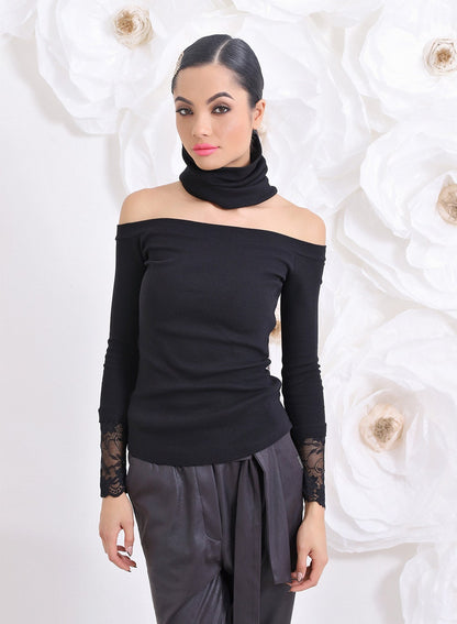 Black Turtleneck, Off the shoulder Top, Sexy Top, Sexy Bussiness top, Elegant shirt, Elegant top, Small black top, Black blouse, Black lace