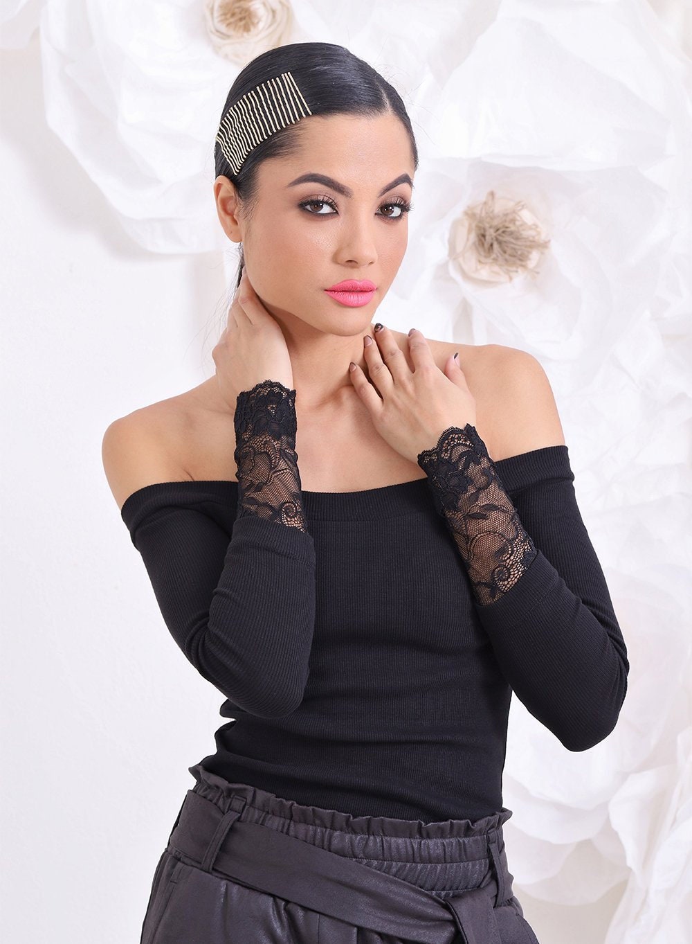 Black Turtleneck, Off the shoulder Top, Sexy Top, Sexy Bussiness top, Elegant shirt, Elegant top, Small black top, Black blouse, Black lace