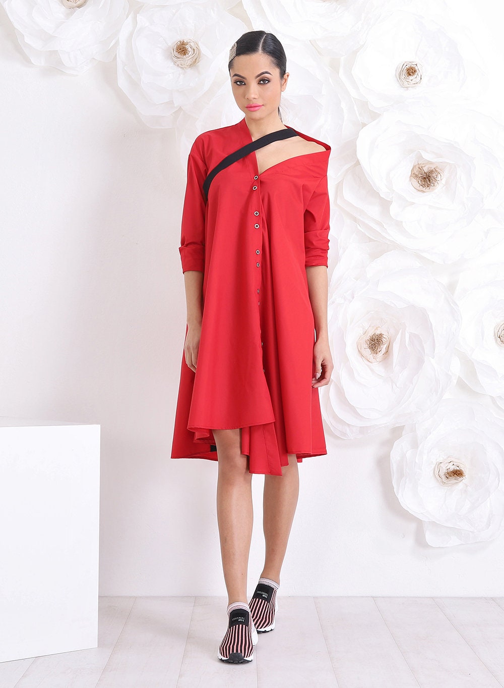 Midi Red Dress, Loose Shirt Dress, Off the Shoulder Dress with Leather Harness Straps,  Long sleeve Summer dress by Friends Fashion