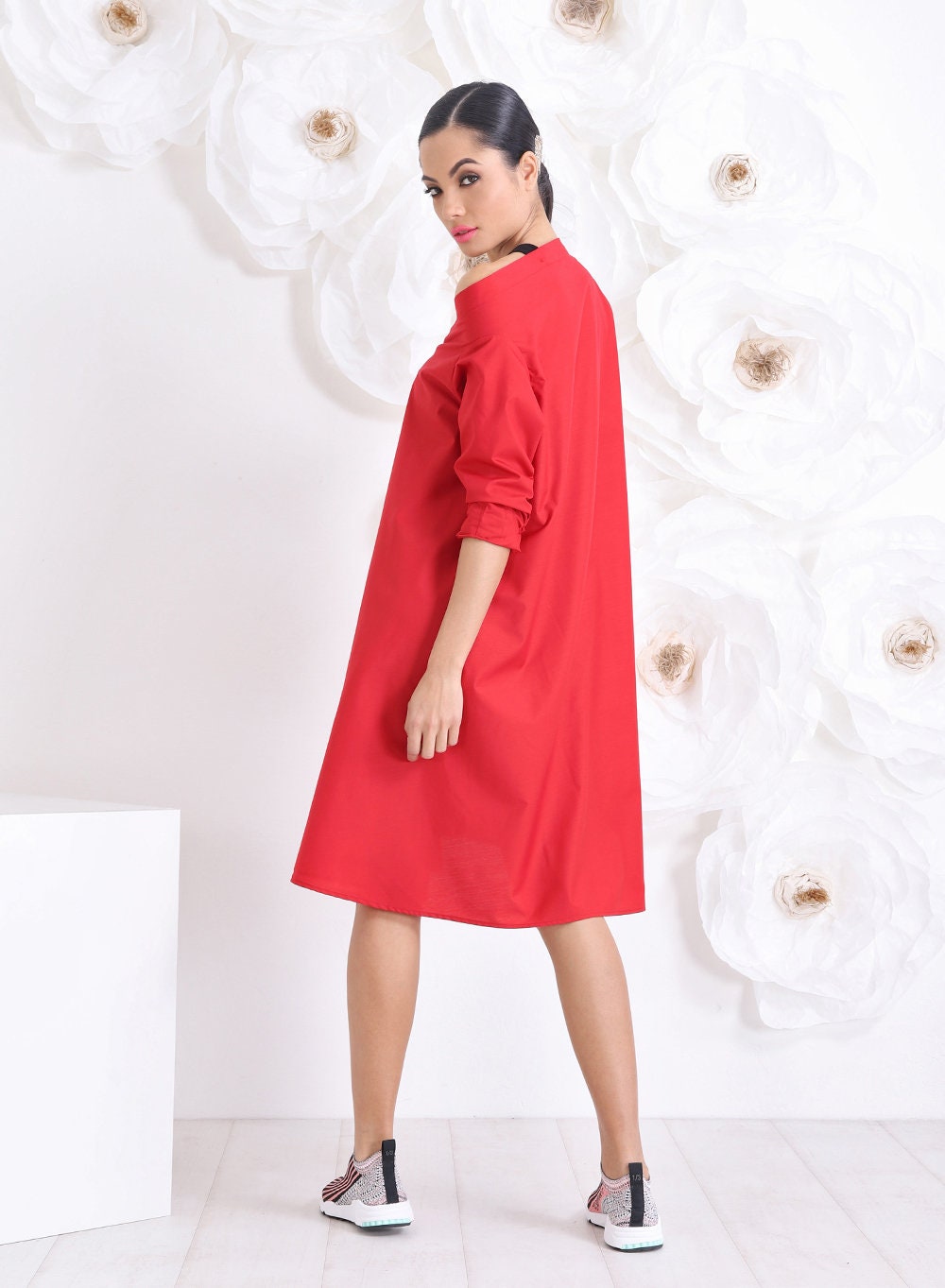 Midi Red Dress, Loose Shirt Dress, Off the Shoulder Dress with Leather Harness Straps,  Long sleeve Summer dress by Friends Fashion