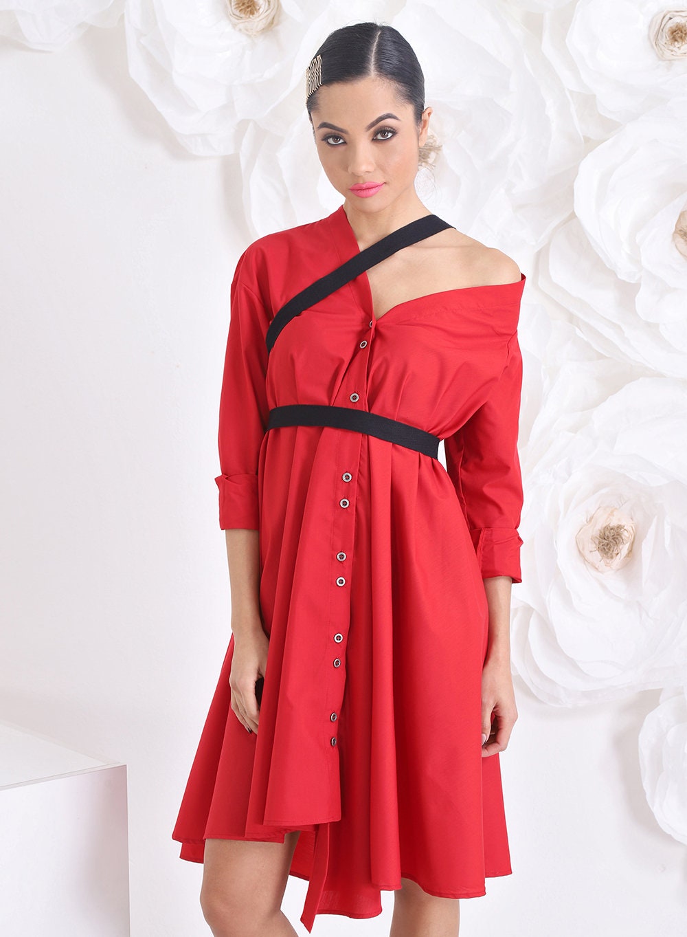 Midi Red Dress, Loose Shirt Dress, Off the Shoulder Dress with Leather Harness Straps,  Long sleeve Summer dress by Friends Fashion