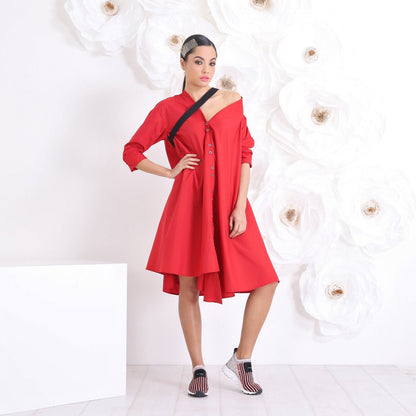 Midi Red Dress, Loose Shirt Dress, Off the Shoulder Dress with Leather Harness Straps,  Long sleeve Summer dress by Friends Fashion