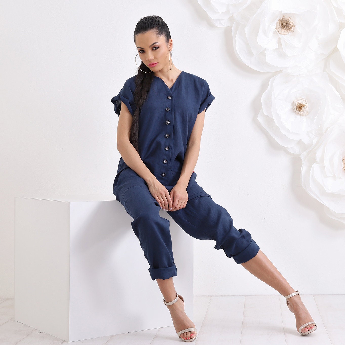 Blue Linen Summer Jumpsuit, Linen Overalls