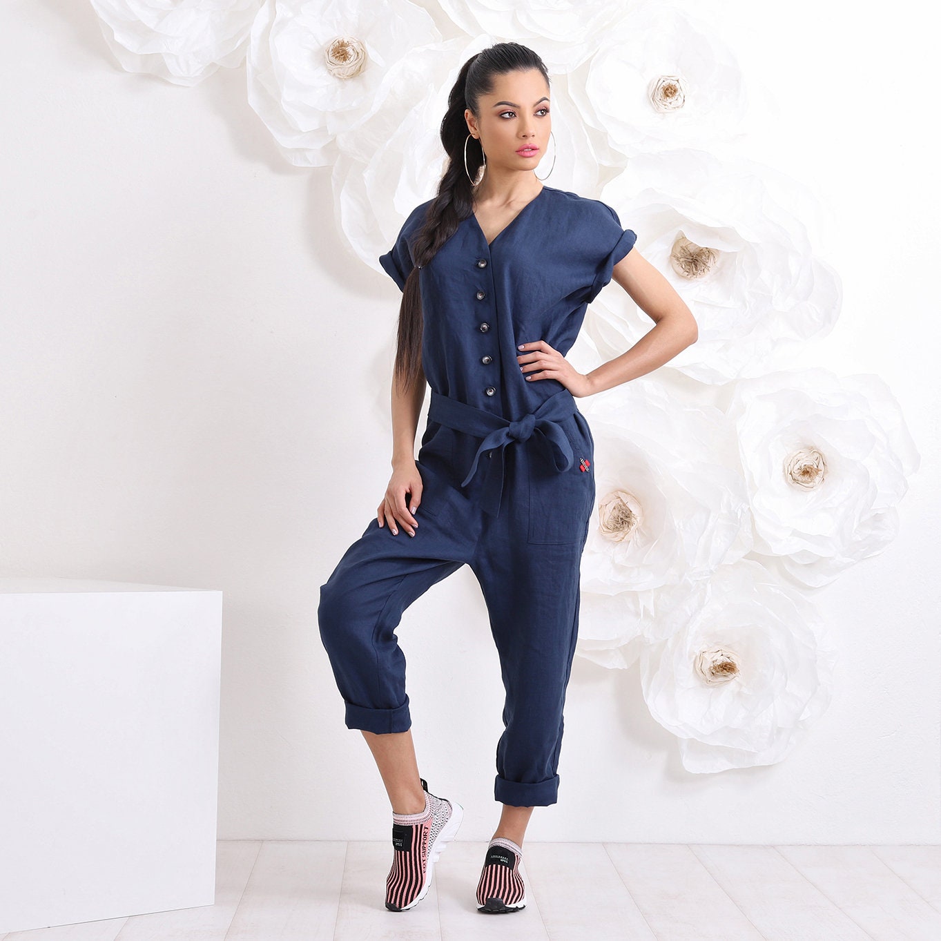 Blue Linen Summer Jumpsuit, Linen Overalls