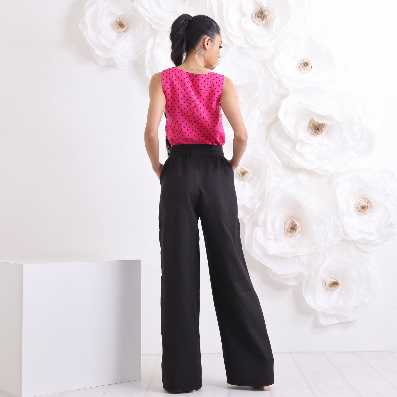 Black Linen Pants, Palazzo Pants, Pants & Top Set for Women, Linen Clothing