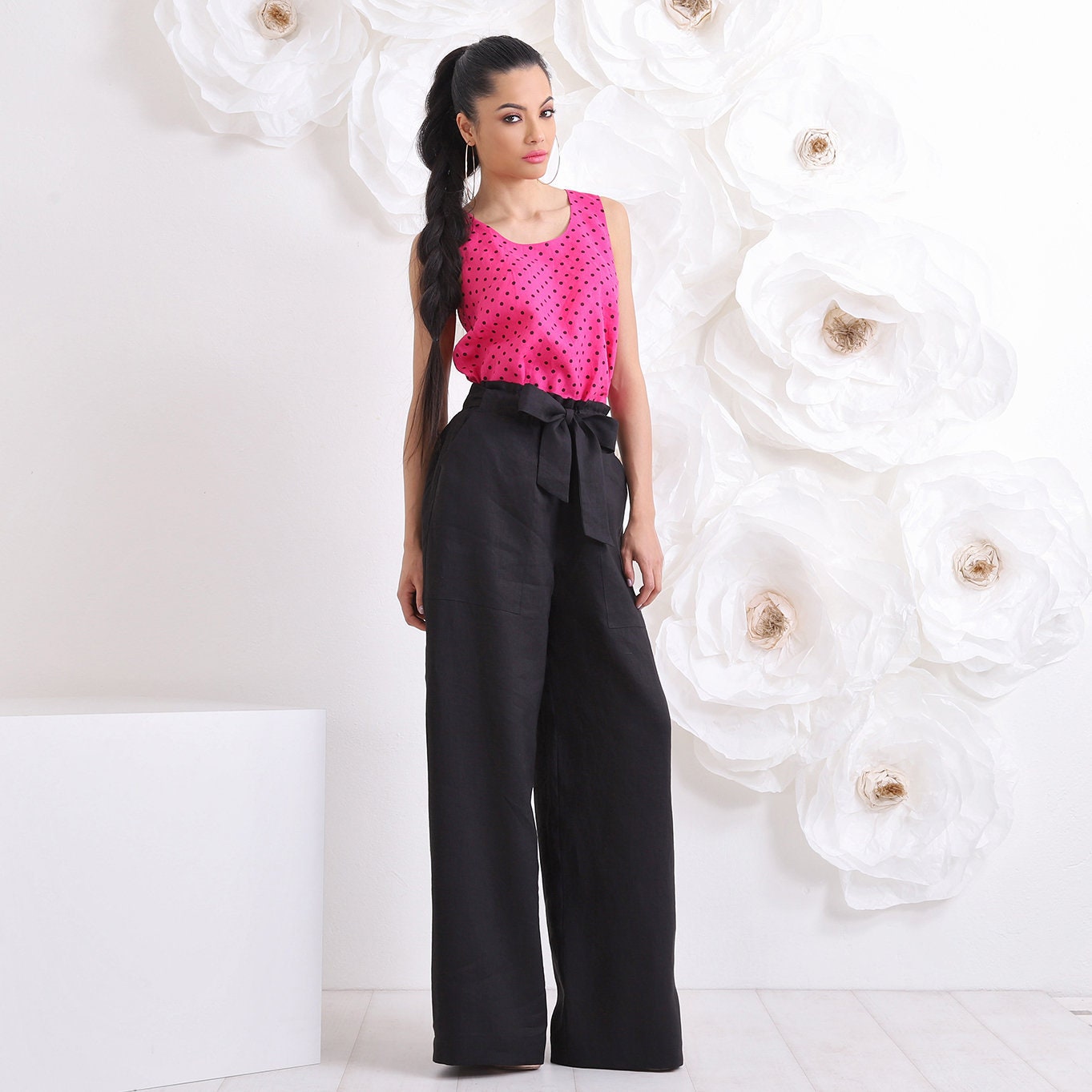 Black Linen Pants, Palazzo Pants, Pants & Top Set for Women, Linen Clothing