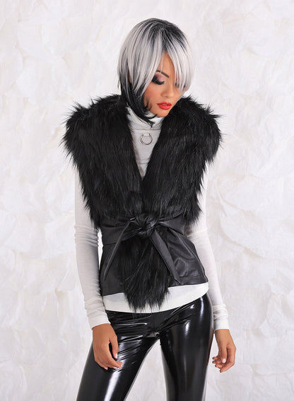 Faux Fur Vest, Black Faux Leather Vest, Woman Sprint Vest, Avant Garde Clothing