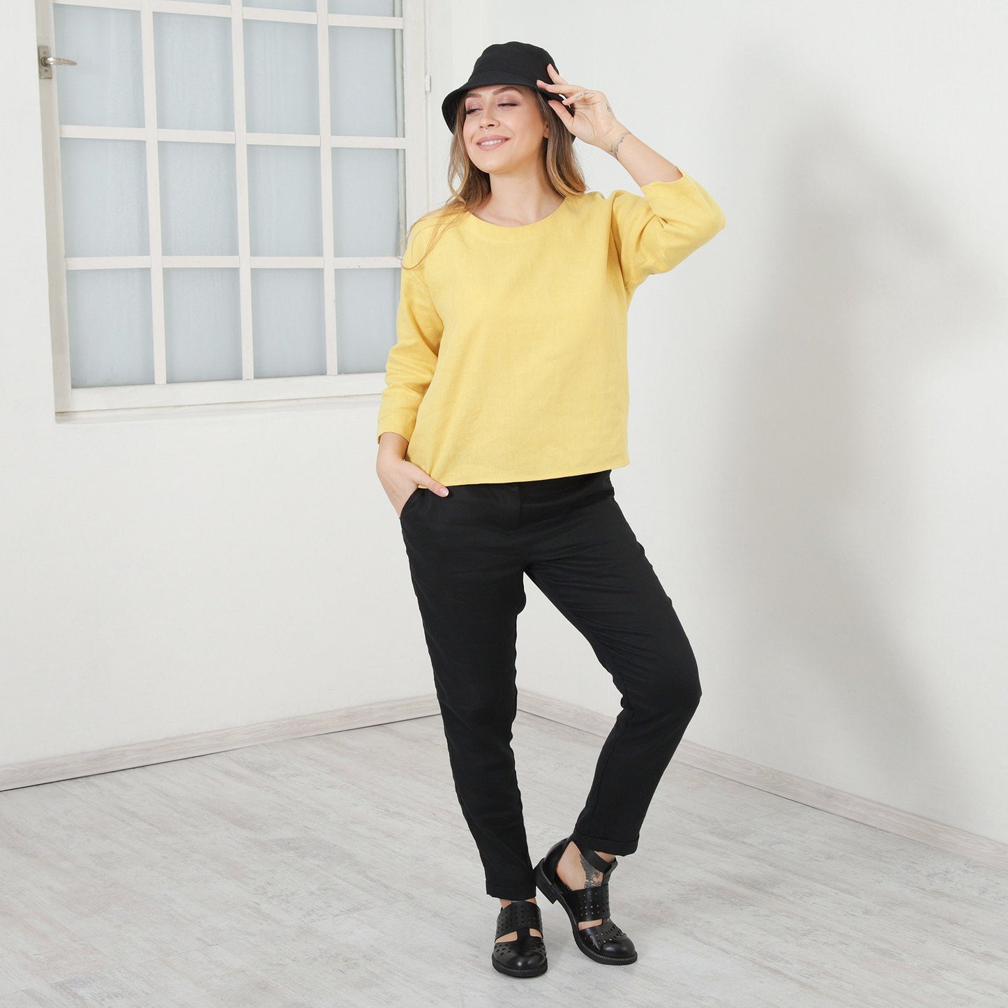 Yellow Linen Shirt, Basic Linen Top, Washed Linen Blouse, Spring Woman Loose Casual Top