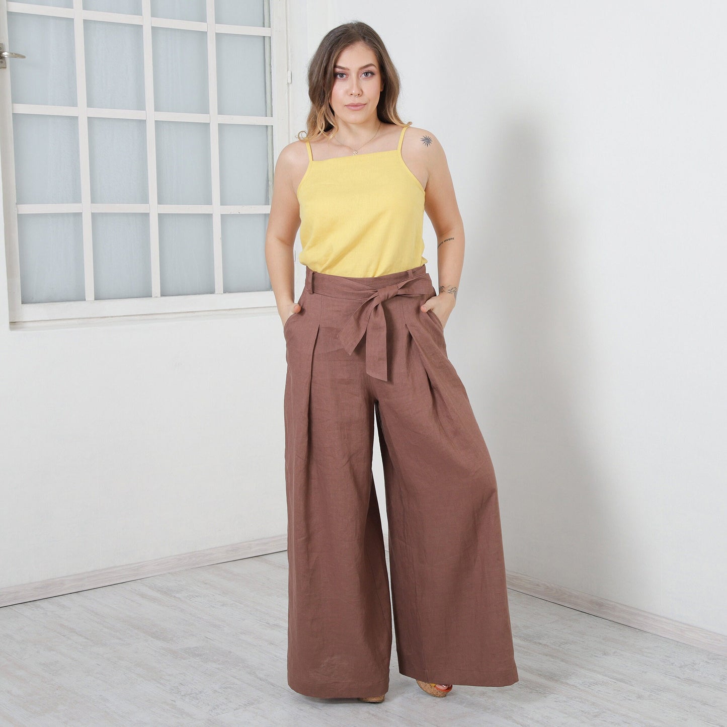 Woman Linen Pants with Tie Belt, Linen Palazzo Pants, Wide Leg Trousers, High Waisted Pants with Ribbon, Urban Streetwear by FriendsFashion